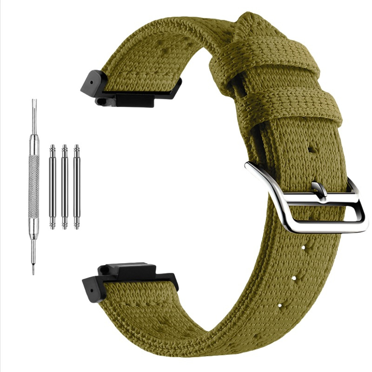Un cinturino verde oliva con fibbia argentata e barrette a molla, insieme a uno strumento per l'installazione, il tutto su sfondo bianco.