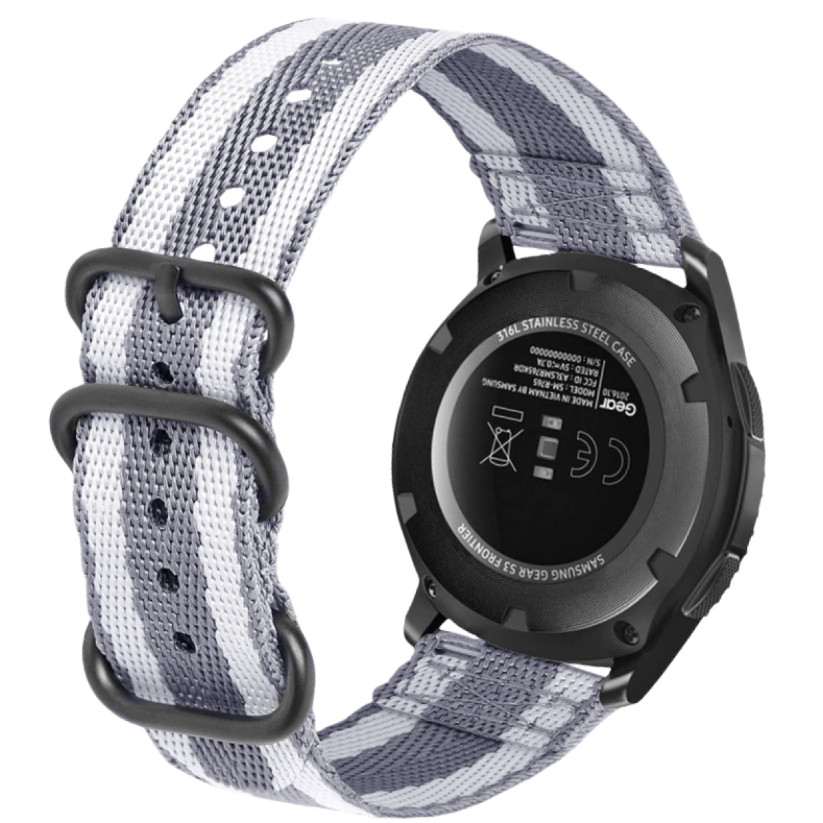 Eine Samsung Gear S3 Frontier Uhr mit gestreiftem grau-weißem Armband. Die Uhr ist schwarz, mit Details auf der Rückseite.