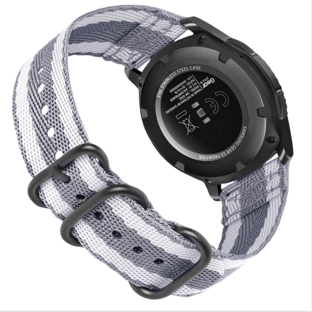 Eine Samsung Gear S3 Frontier Smartwatch mit grau-weiß gestreiftem Armband. Die Uhr ist schwarz mit einem Edelstahlgehäuse.