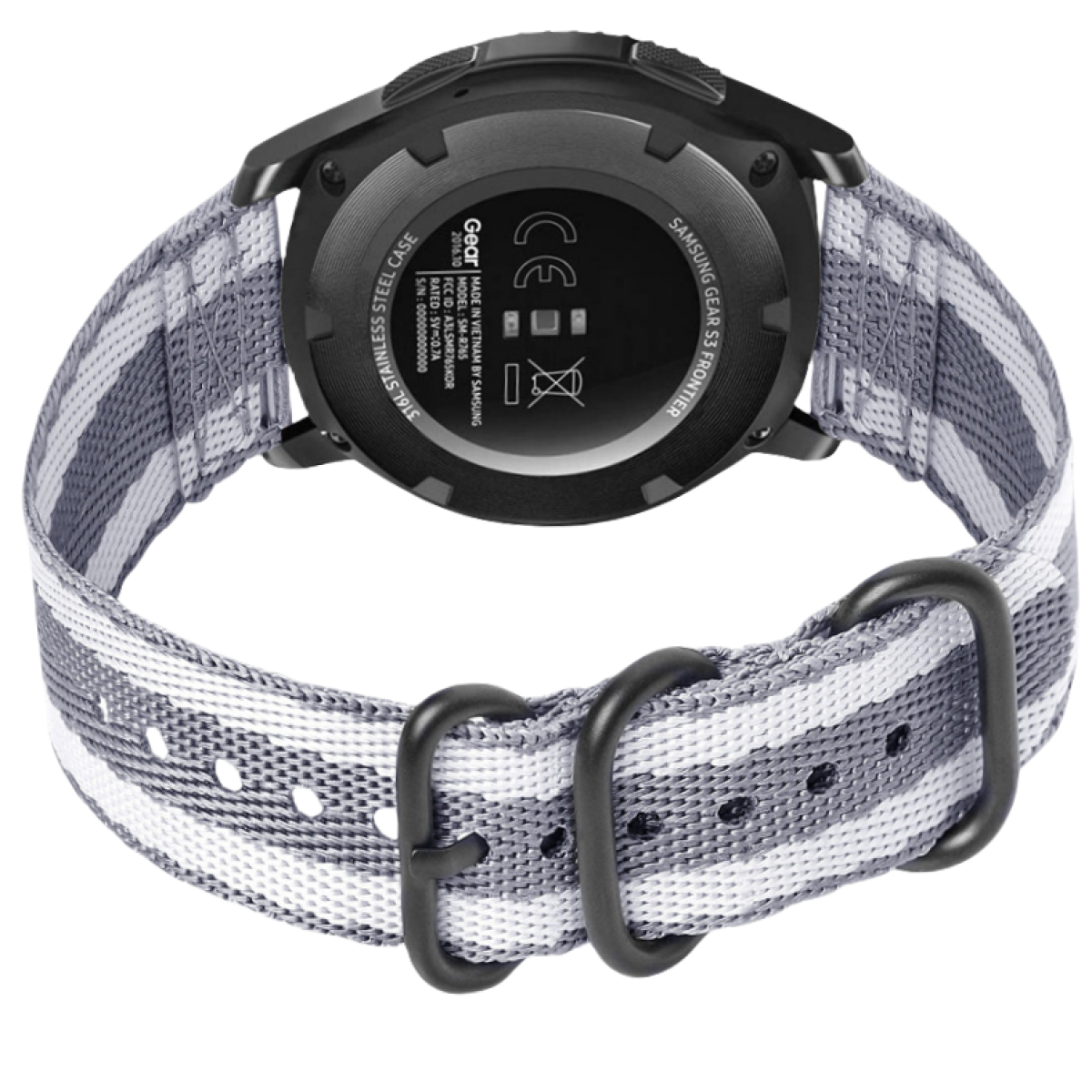 Eine Samsung Gear S3 Frontier Smartwatch, Edelstahlgehäuse, mit grau-weiß gestreiftem Band. Die Rückseite der Uhr ist sichtbar.