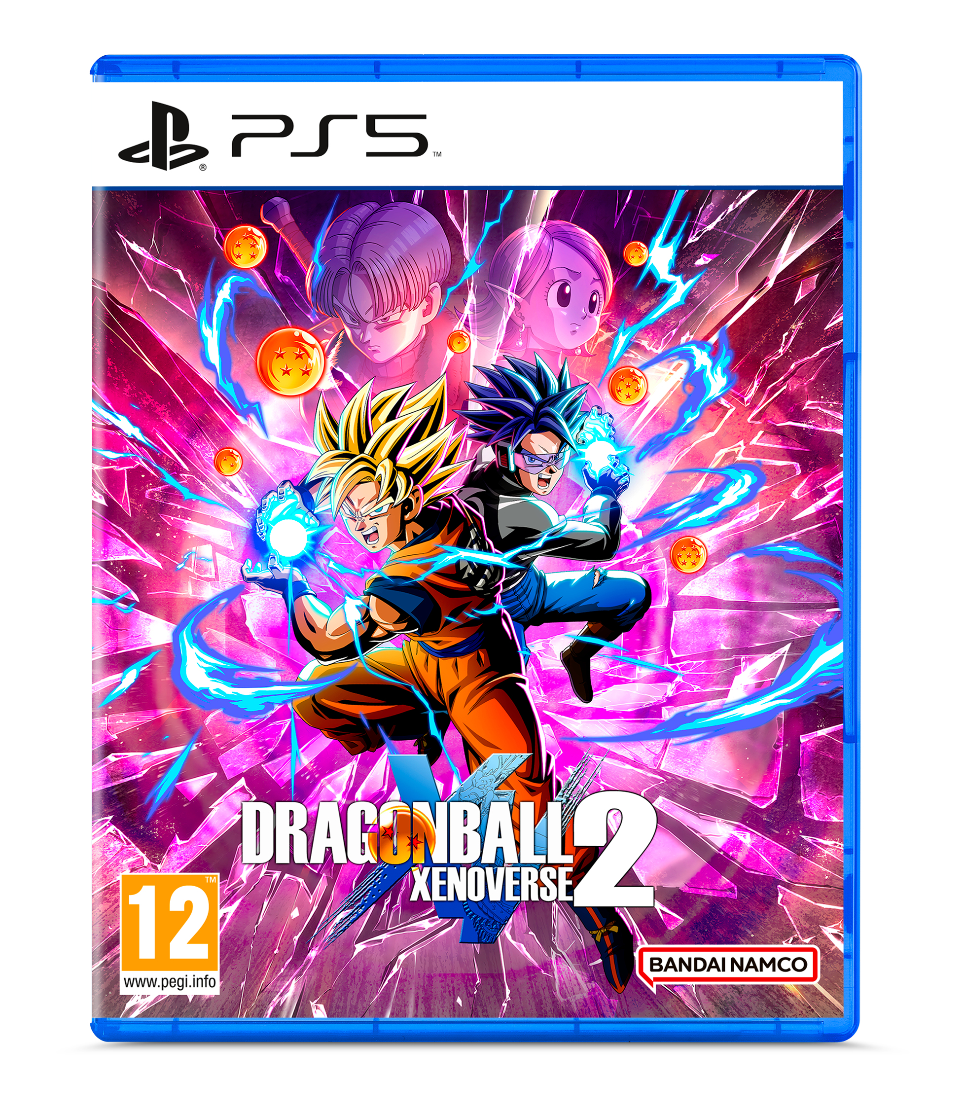 Okładka gry Dragon Ball Xenoverse 2. Goku i Vegeta w akcji, otoczeni wybuchami energii, z innymi postaciami w tle.
