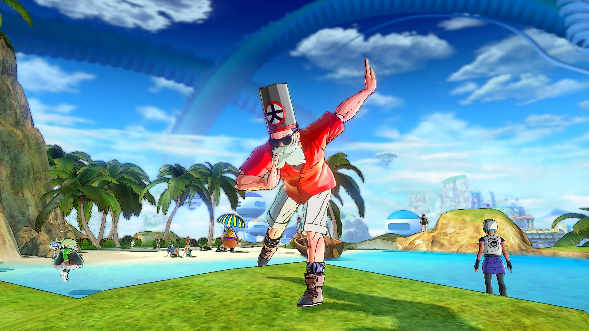 Postać w czerwonej koszuli i kapeluszu z wiadrem wykonuje dab na tropikalnej plaży z palmami i błękitnym niebem.