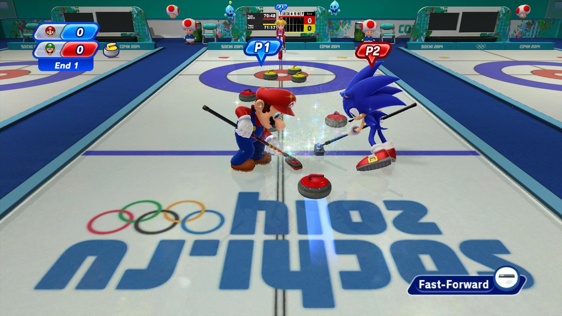 Mario e Sonic giocano a curling. Il gioco è ambientato sul ghiaccio con il marchio Sochi 2014. Mario e Sonic tengono scope e pietre.