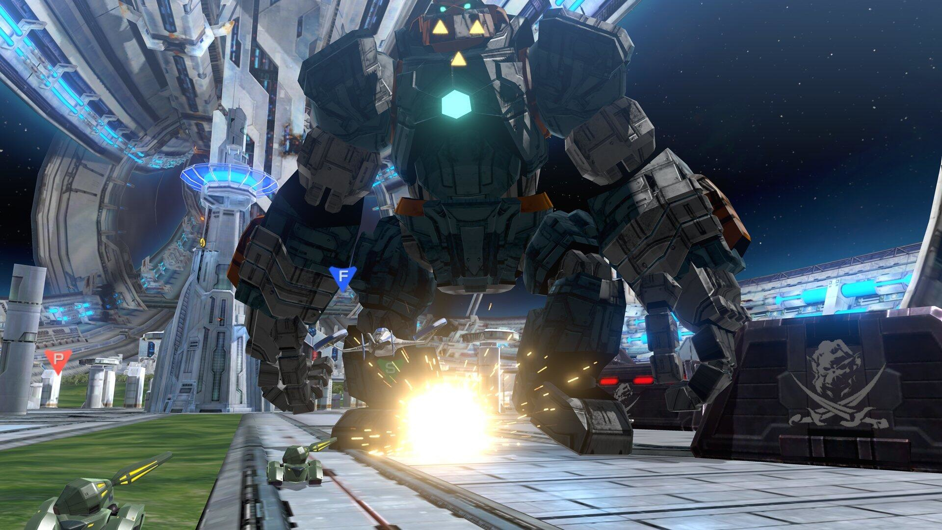 Riesenroboter in einer Science-Fiction-Szene. Kleinere Roboter und Strukturen sind vorne. Sterne und eine Raumstation sind im Hintergrund.