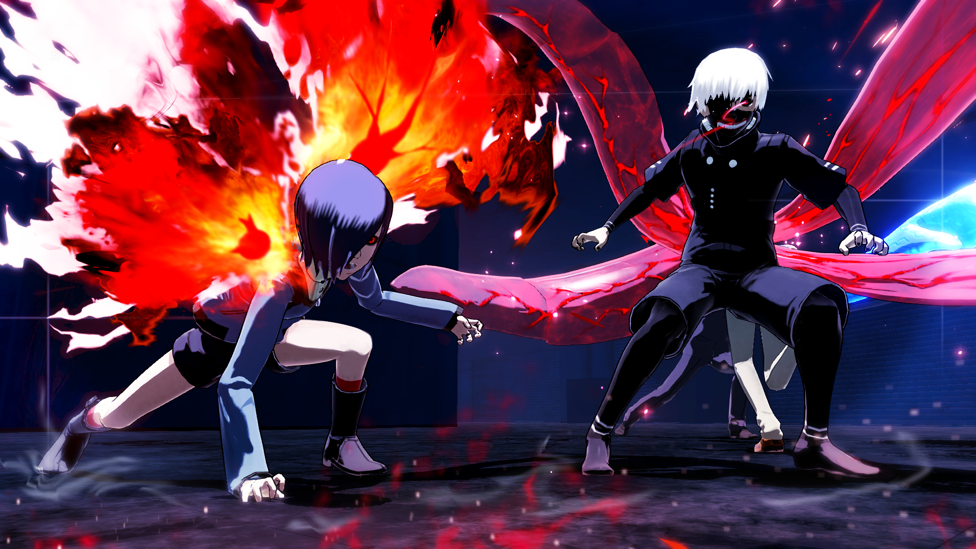 Zwei Anime-Charaktere in Kampfpose mit roten Energieeffekten. Einer hat weiße Haare, der andere blaue Haare.