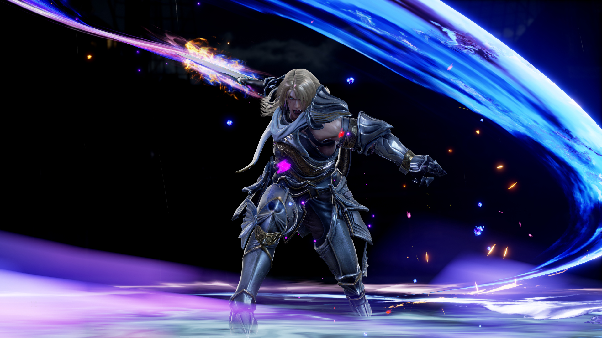 Rycerz z świecącym mieczem stoi w pozycji bojowej. Tło ma niebieskie i fioletowe efekty energetyczne. Rycerz ma blond włosy.