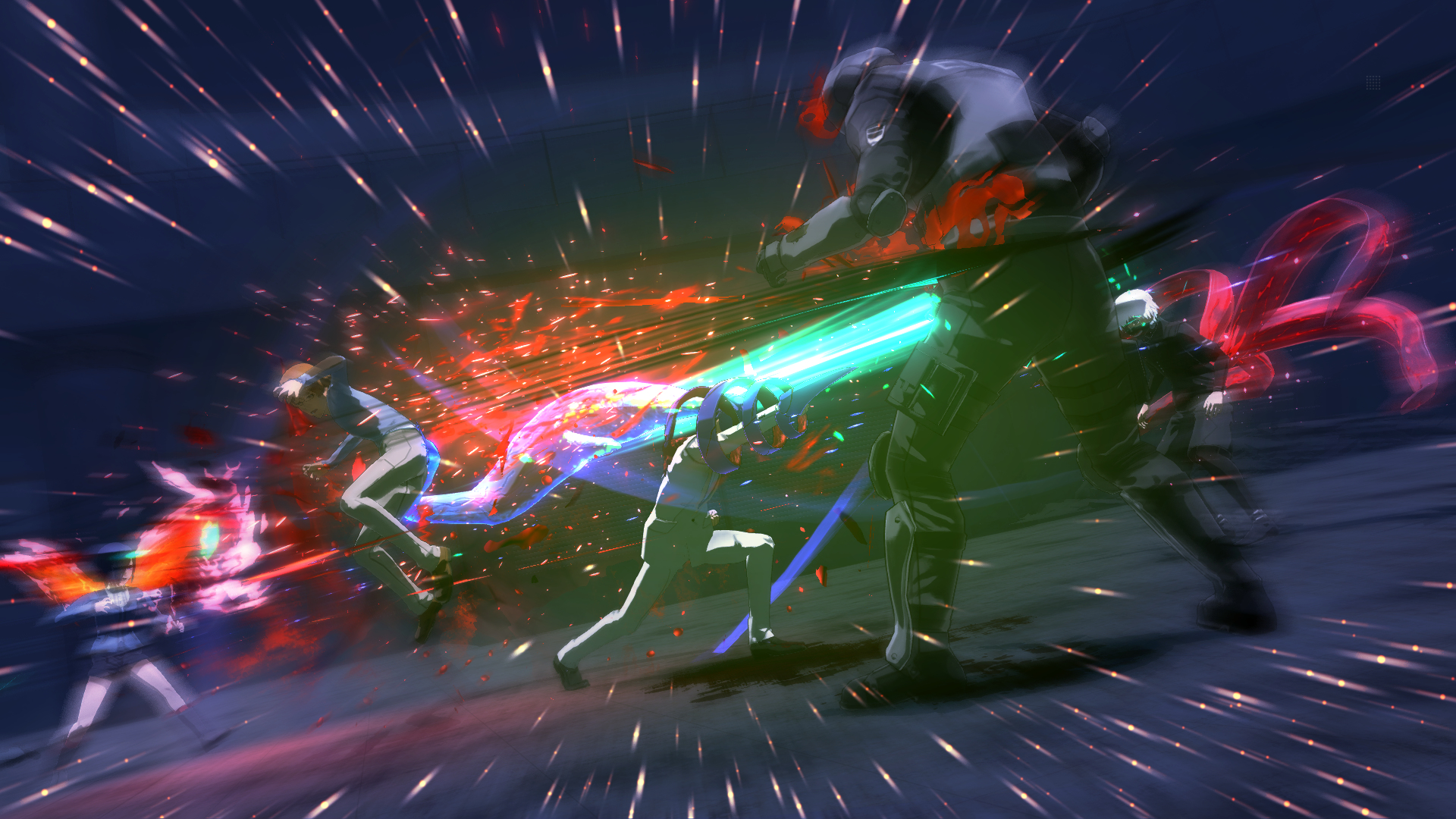 Scena walki w stylu anime. Postacie w ruchu, efekty energii w kolorach czerwonym, niebieskim i zielonym. Ciemne otoczenie z smugami światła.