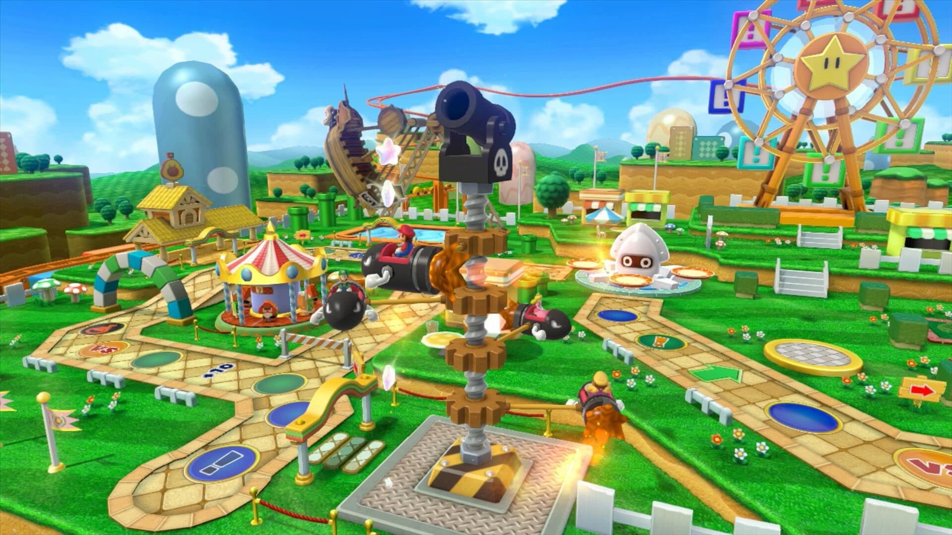 Ein farbenfrohes Mario Party-Spielbrett. Mit Riesenrad, Karussell und verschiedenen Charakteren auf einer grünen Landschaft unter blauem Himmel.