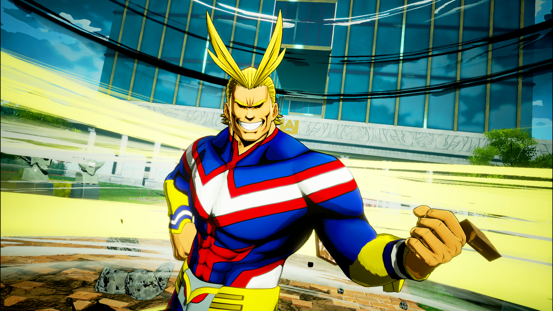 All Might, ein Superheld, in einem blau, rot und gelb Kostüm, lächelt selbstbewusst. Im Hintergrund ein Gebäude und gelbe Energielinien.