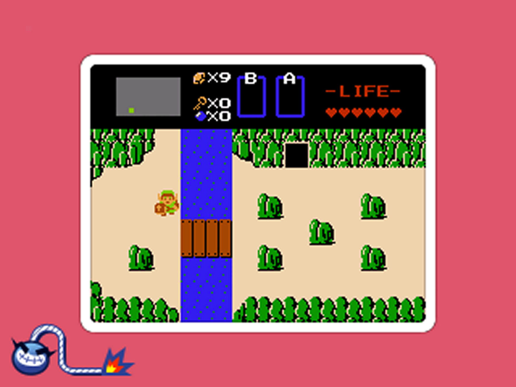 Ekran z gry Zelda. Link stoi na moście nad wodą. Szlamy i drzewa zamieszkują krajobraz. Pasek zdrowia jest pełny.