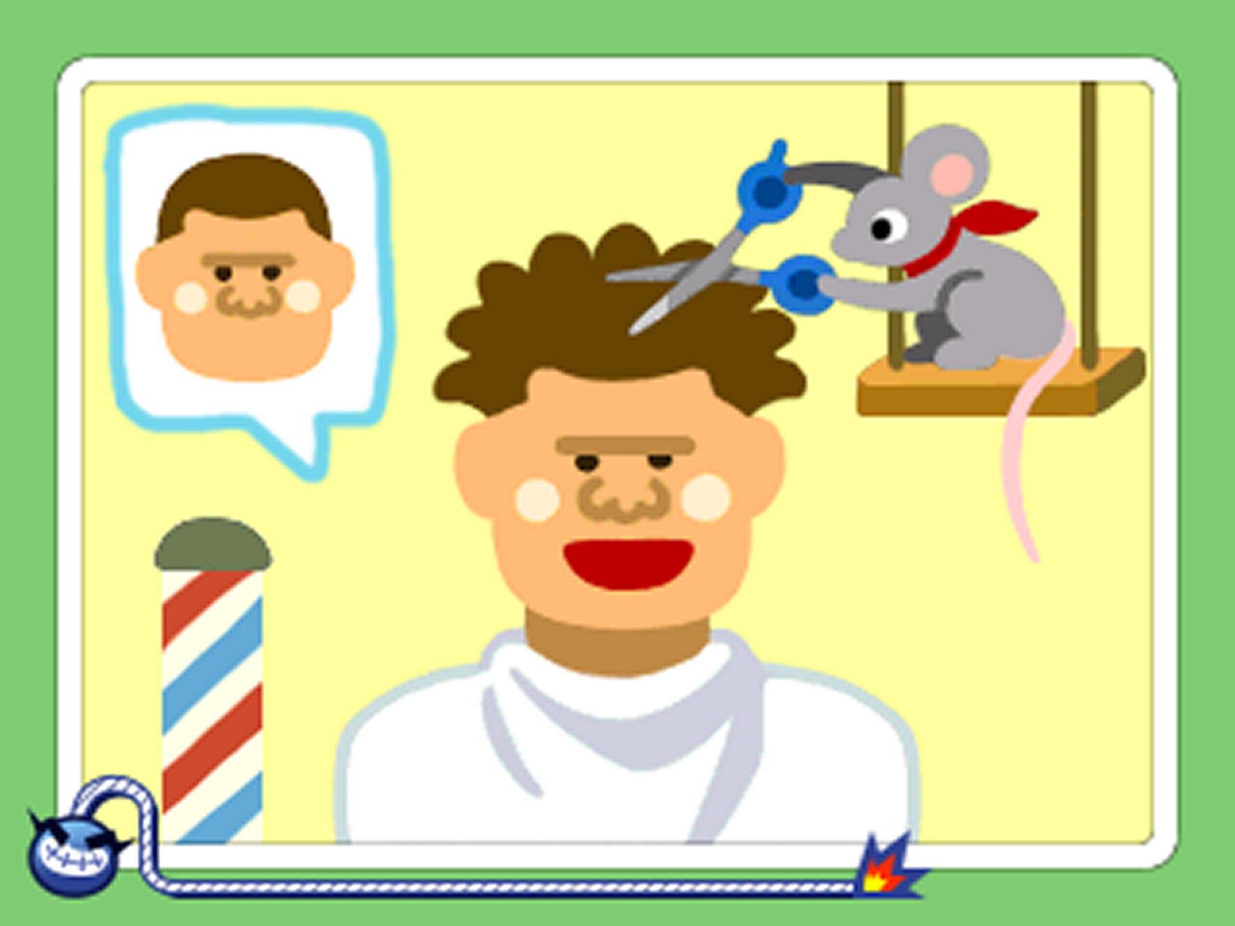 Mężczyzna strzyżony przez mysz. W scenie obecny jest również słupek fryzjerski i dymek.