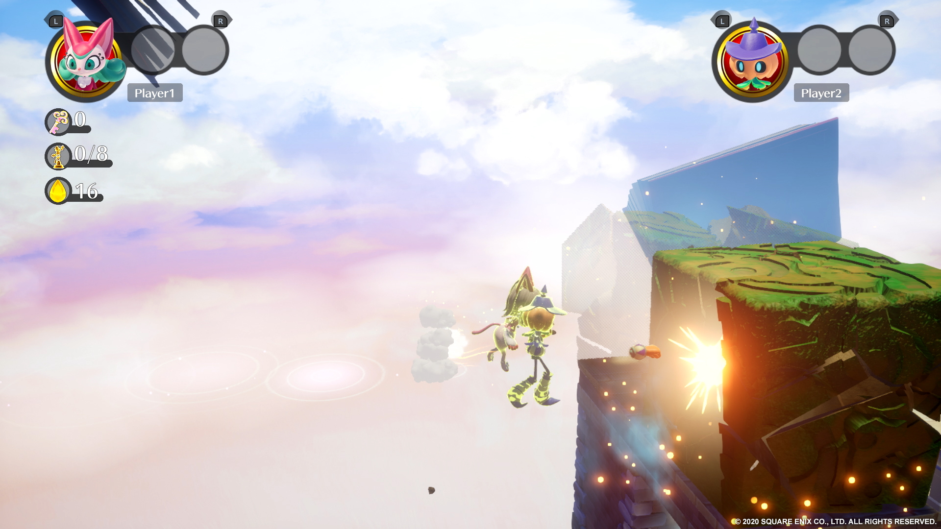 Scena gry z dwoma graczami i pływającymi platformami. Jedna postać skacze w kierunku dużego bloku, z jasnym niebem w tle.