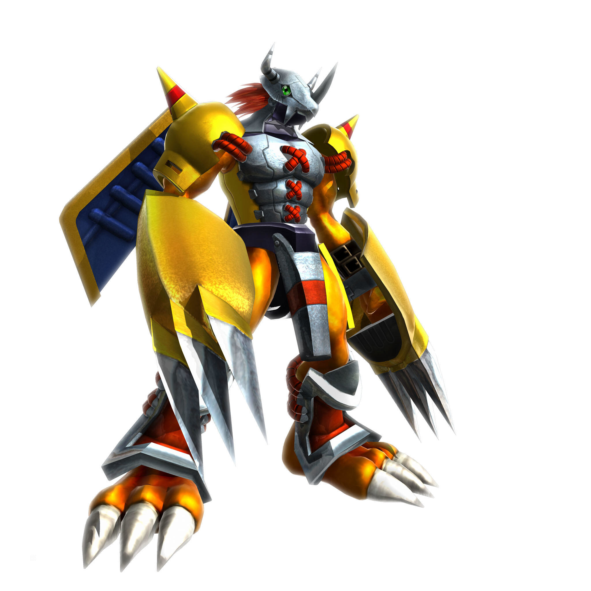 Ein gelbes und silbernes Digimon steht mit scharfen Krallen und einem Schild. Rote Akzente auf Brust und Beinen. Hintergrund ist weiß.