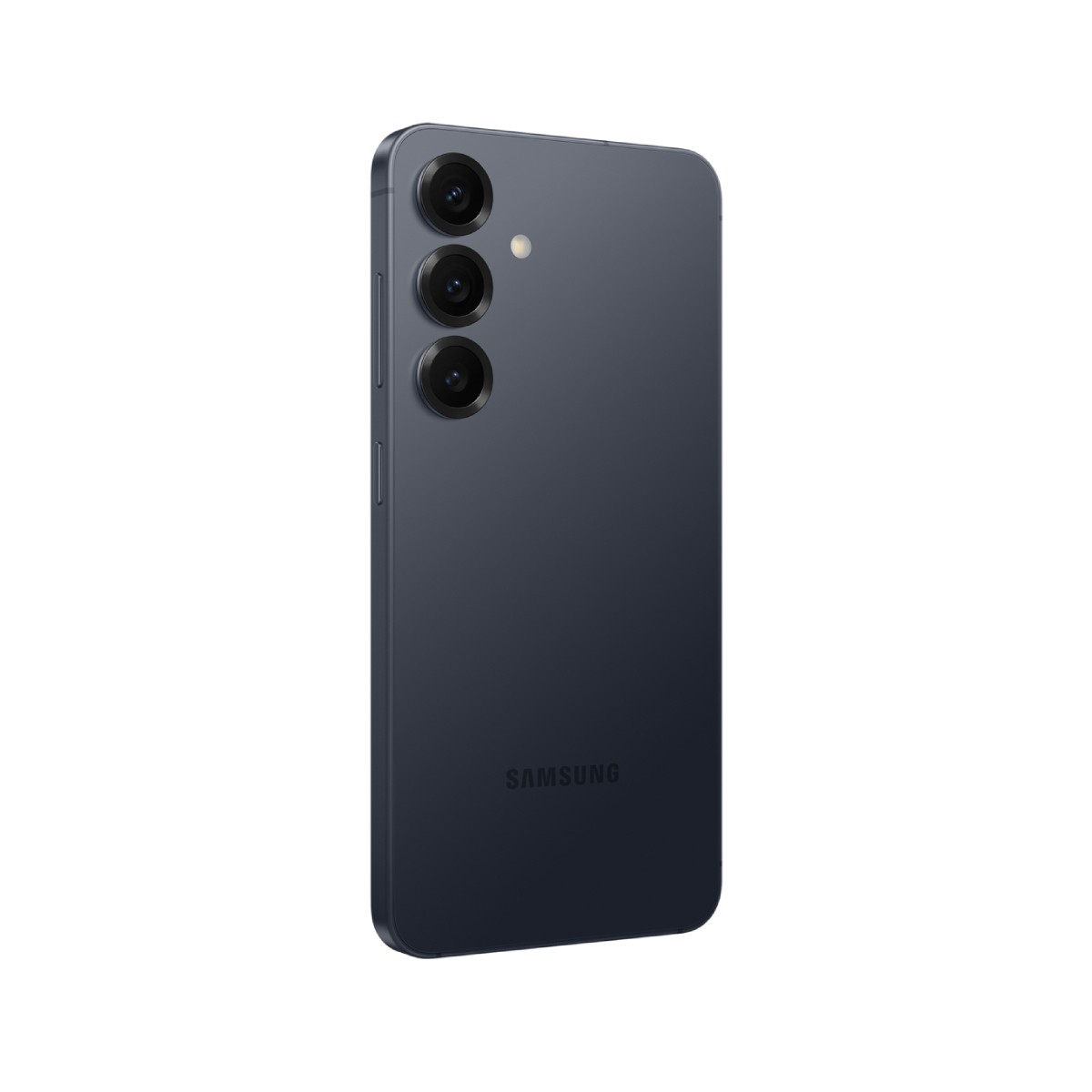 Tył ciemnoniebieskiego smartfona. Trzy obiektywy aparatu ułożone pionowo. Logo Samsung na dole.