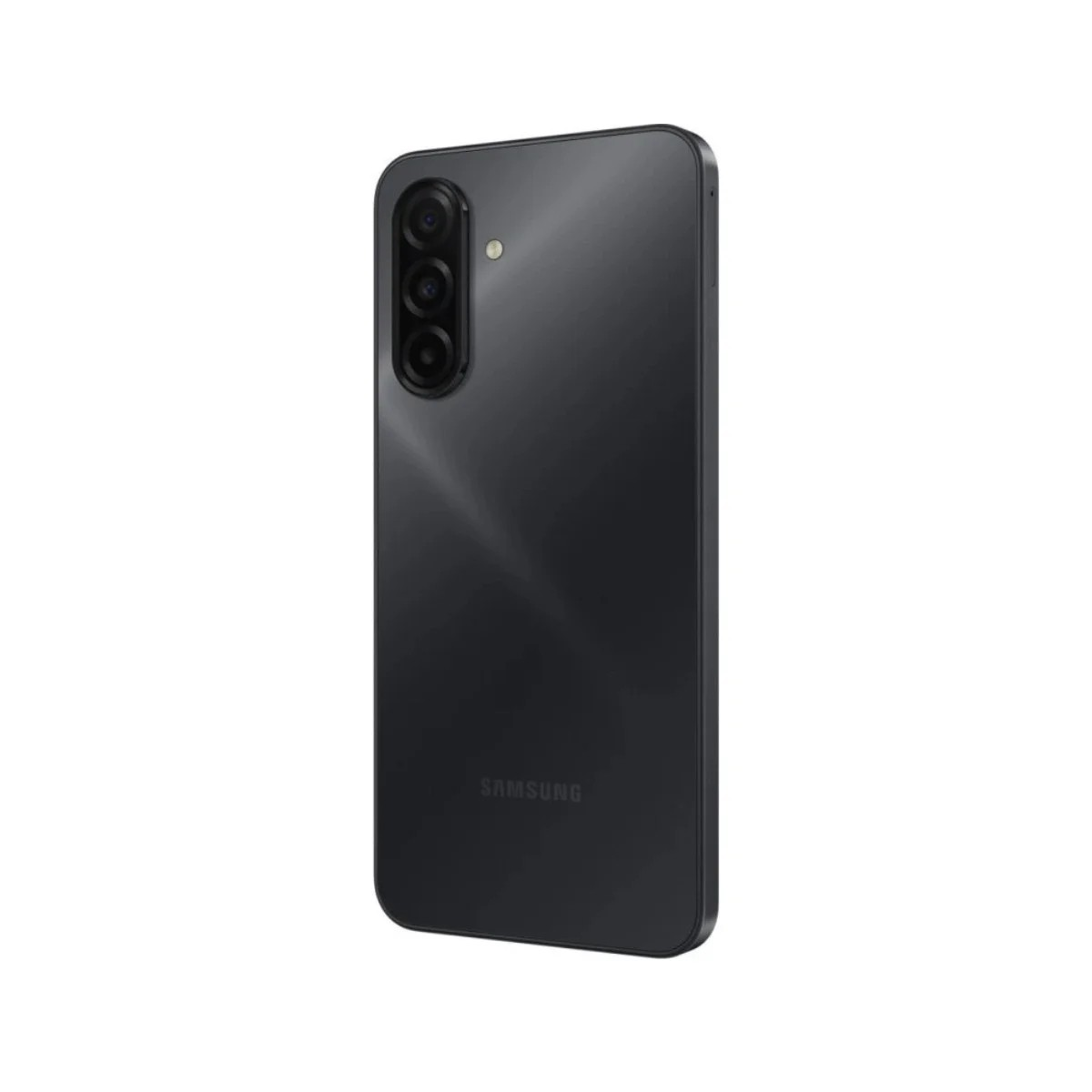 Wyświetlany jest ciemnoszary smartfon. Z tyłu posiada trzy obiektywy aparatu i lampę błyskową.