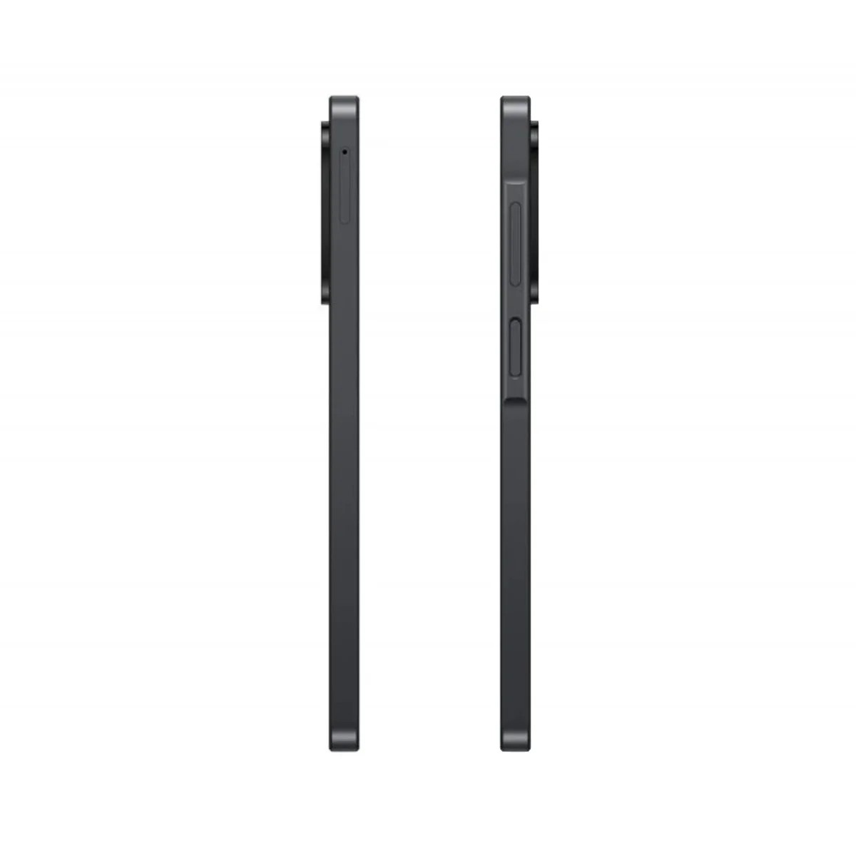 Dwa czarne smartfony z boku. Jeden gładki, drugi z przyciskami. Oba telefony na białym tle.