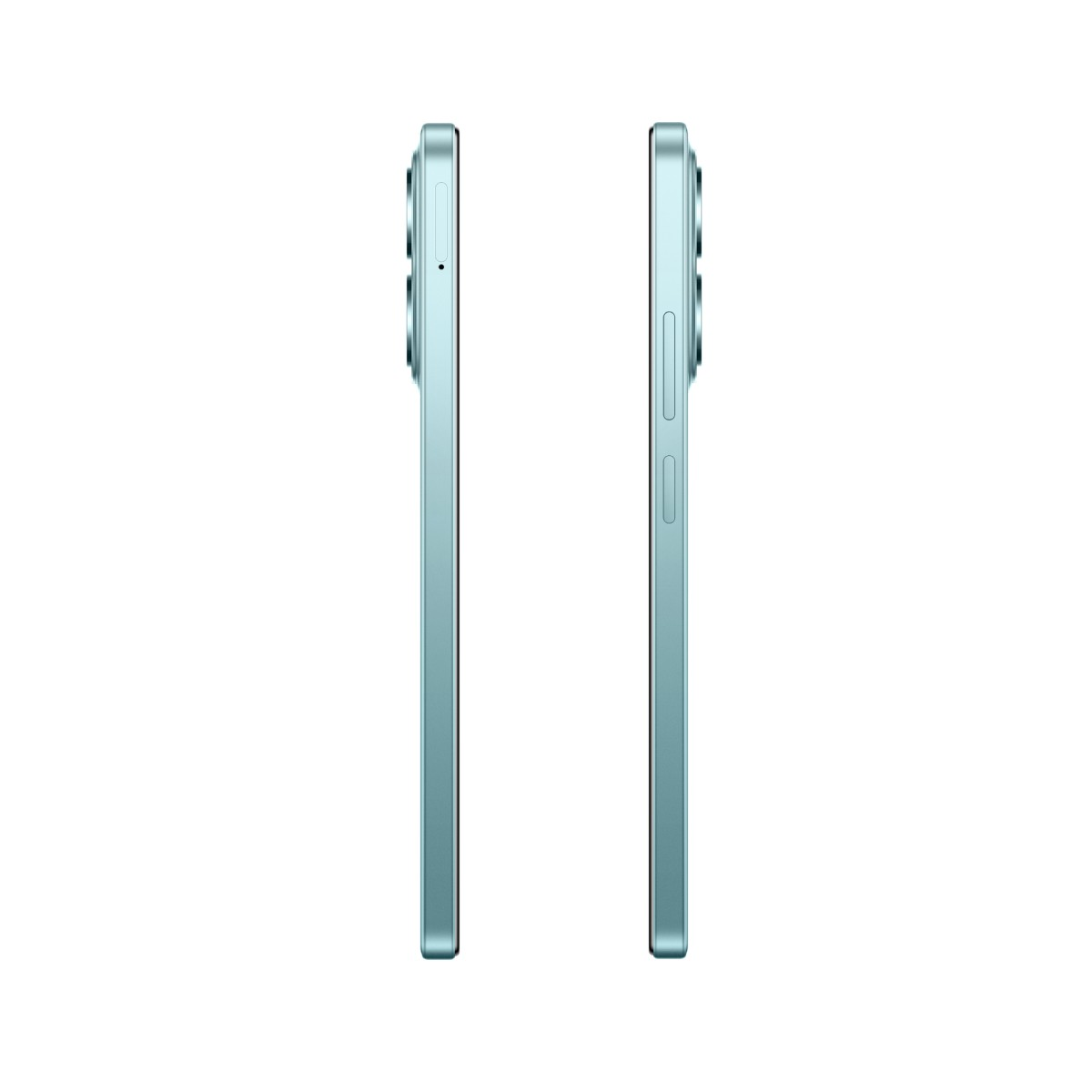 Dwa turkusowe smartfony, widok z boku. Jeden pokazuje aparat, drugi przyciski głośności. Oba mają elegancki, minimalistyczny design na białym tle.