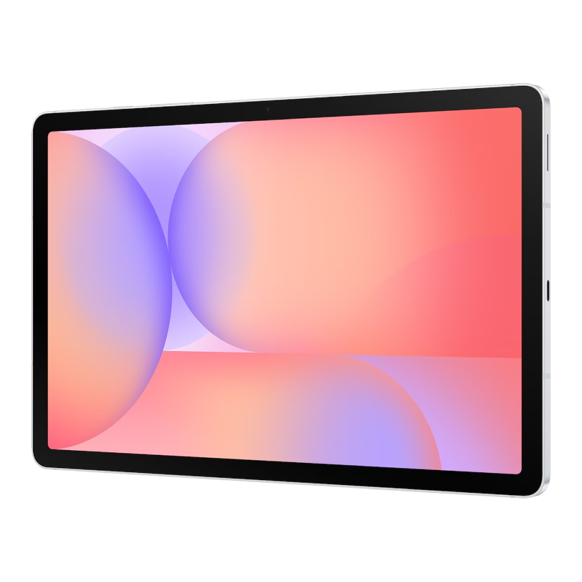 Tablet z kolorowym ekranem. Ekran wyświetla gradient różu, pomarańczy i fioletu. Tablet ma srebrną ramkę.