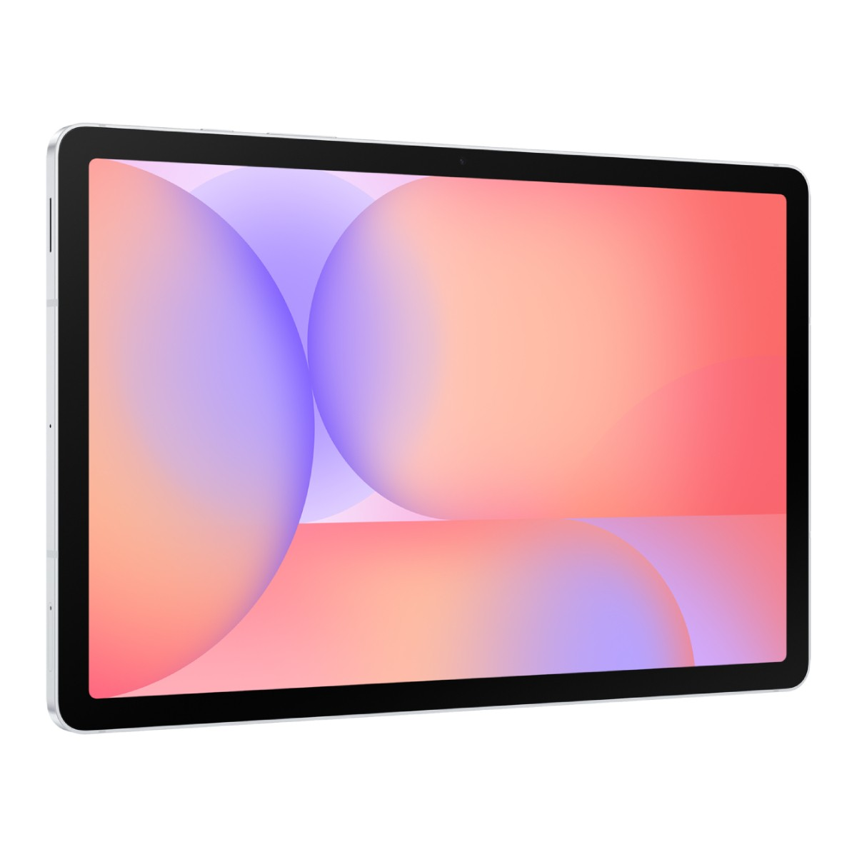 Tablet z czarnym ekranem wyświetlającym gradienty w kolorach różu, pomarańczy i fioletu. Ma srebrną ramkę.