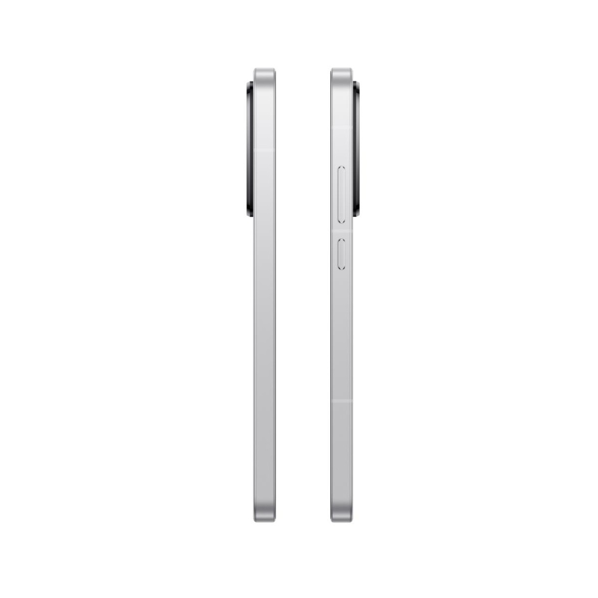 Zwei silberne Smartphones, Seitenansicht, auf weißem Hintergrund. Eines zeigt die Kamera, das andere die Tasten.