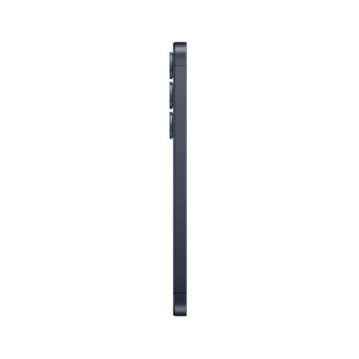 Un smartphone azul oscuro visto de lado. Se ven tres lentes de cámara, un cuerpo delgado.