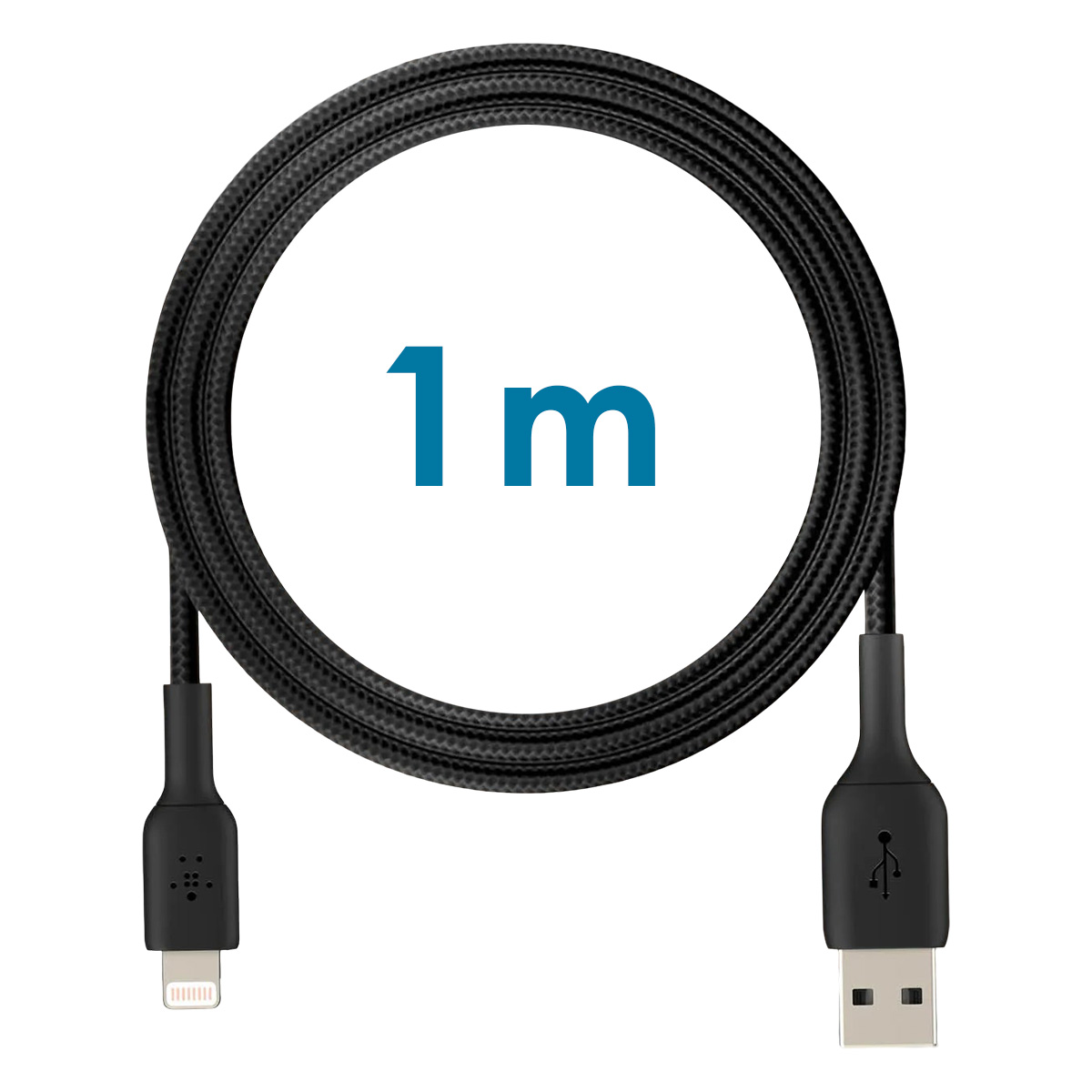 Un câble USB noir, en boucle, avec un connecteur Lightning à une extrémité et un connecteur USB-A à l'autre. Le texte '1 m' est au centre.