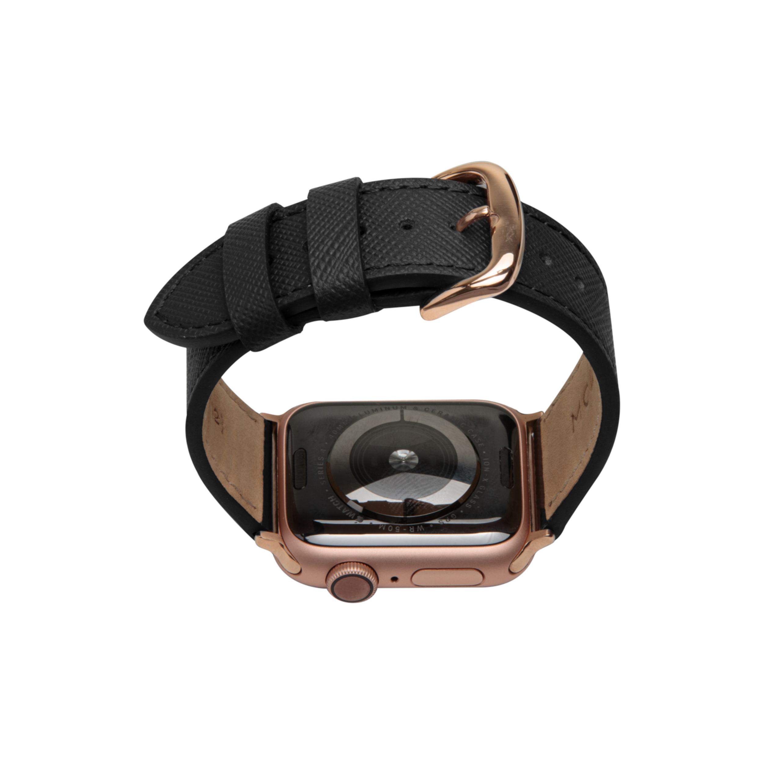 Zegarek Apple Watch w kolorze różowego złota z czarnym skórzanym paskiem i klamrą na białym tle.