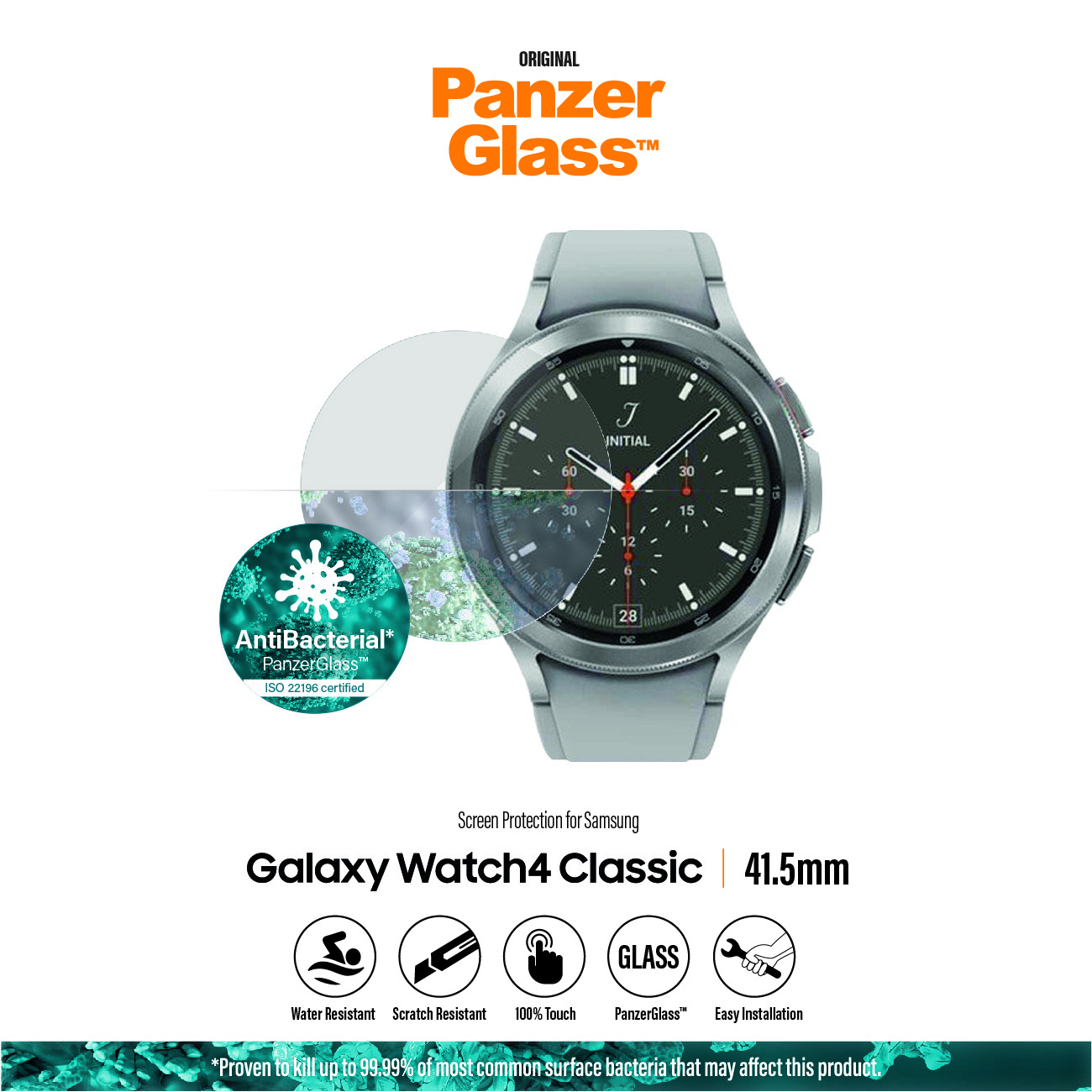 Un orologio Galaxy Watch4 Classic con protezione schermo PanzerGlass. Resistente all'acqua, ai graffi e proprietà antibatteriche.