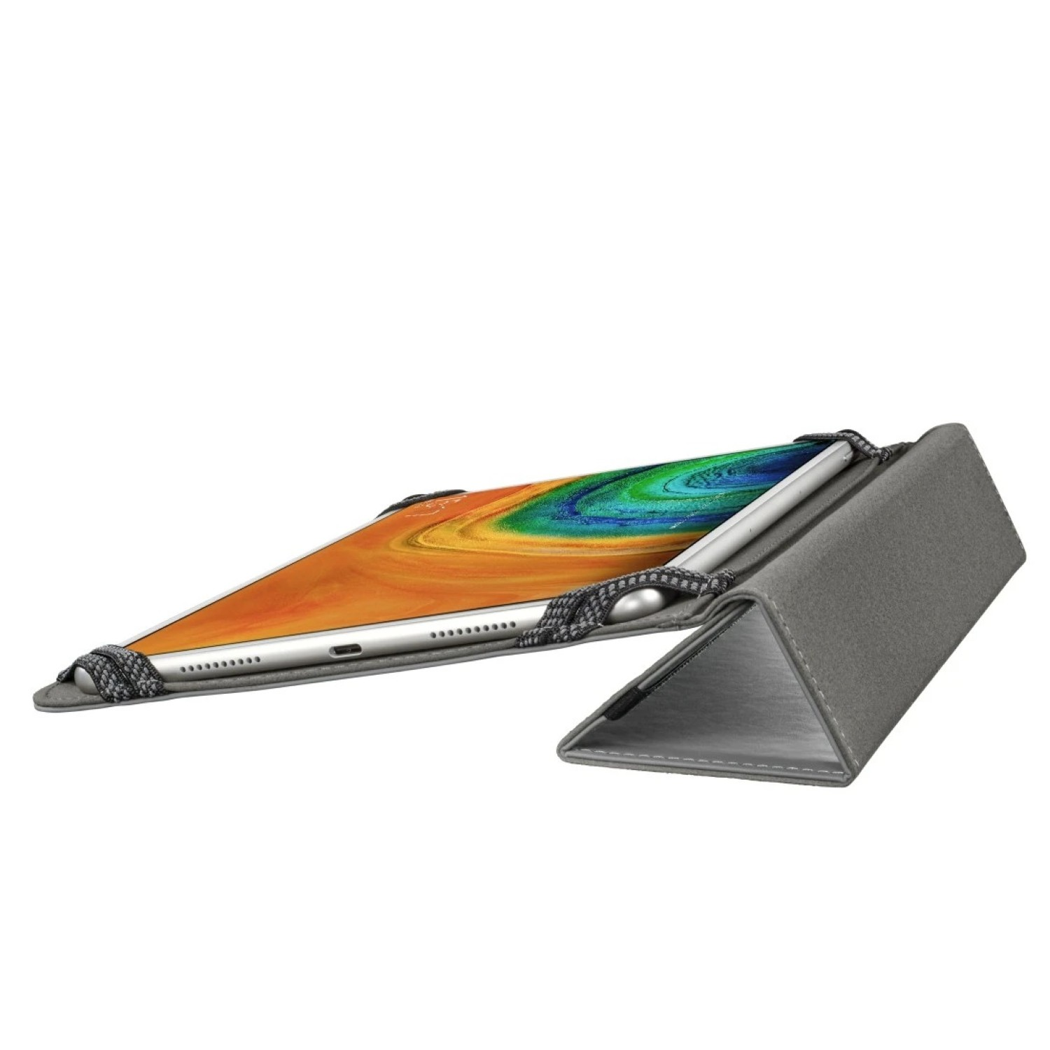 Ein Tablet mit farbenfrohem Bildschirm liegt auf einer grauen Hülle. Ein Stift wird von einem Riemen gehalten. Der Hintergrund ist weiß.