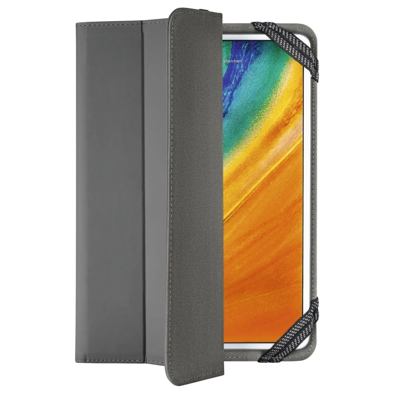 Eine graue Tablethülle ist geöffnet und zeigt einen Tablet-Bildschirm. Die Hülle hat eine strukturierte Abdeckung und einen Riemen.