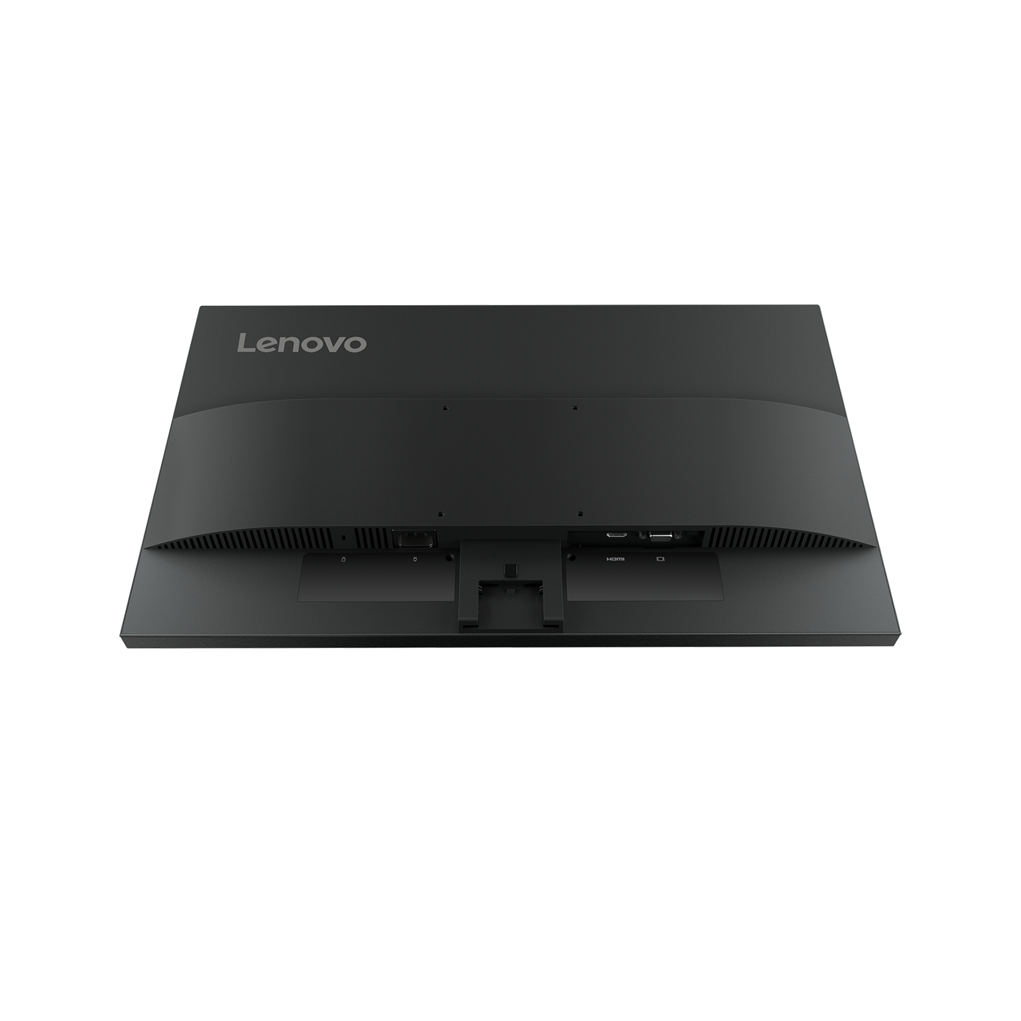 Widok z tyłu czarnego monitora Lenovo. Widoczne porty i połączenia, w tym HDMI i USB.