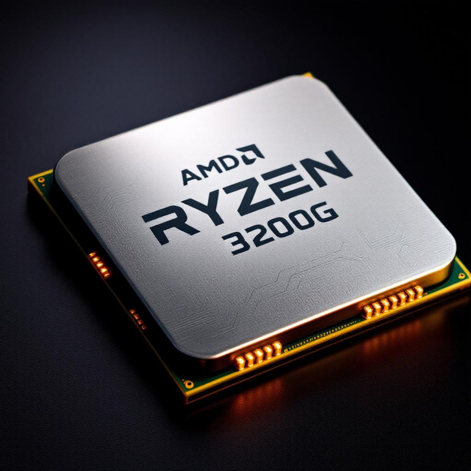 Processore AMD Ryzen 3200G. Quadrato argentato con testo nero su circuito stampato verde e oro, su sfondo nero.