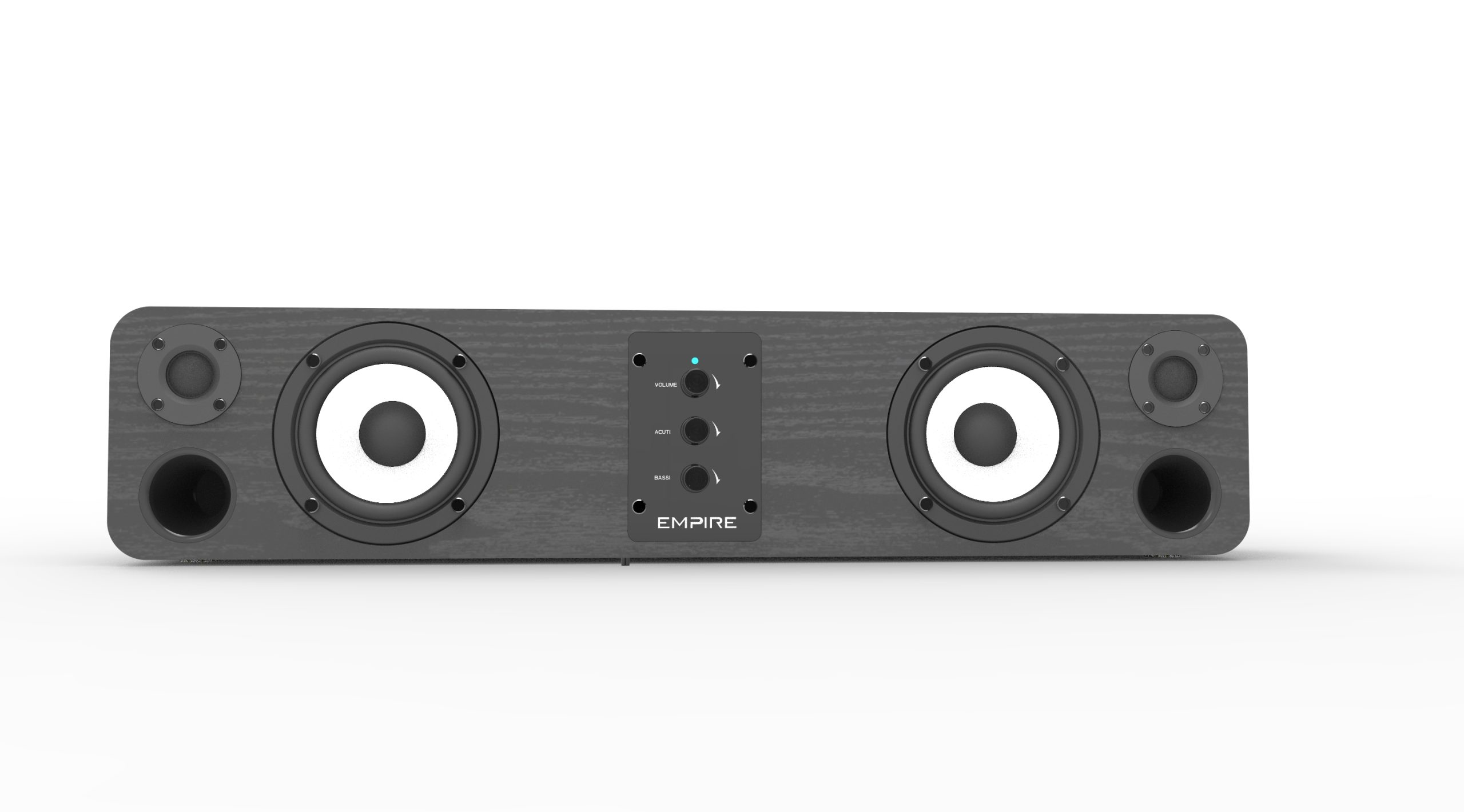 Una soundbar grigia con altoparlanti bianchi, controlli del volume e dei bassi. Il marchio è Empire.