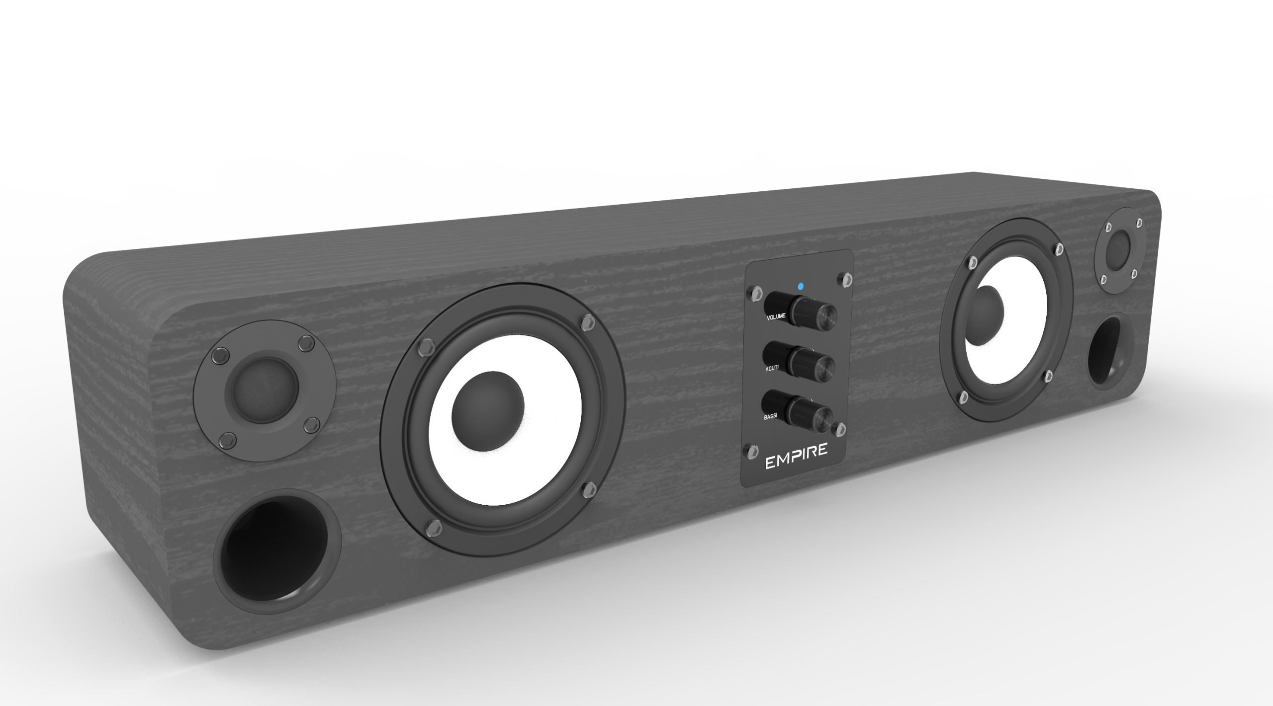 Una soundbar grigia con altoparlanti, manopole e la parola 'EMPIRE'. Ha altoparlanti bianchi e si trova su uno sfondo bianco.
