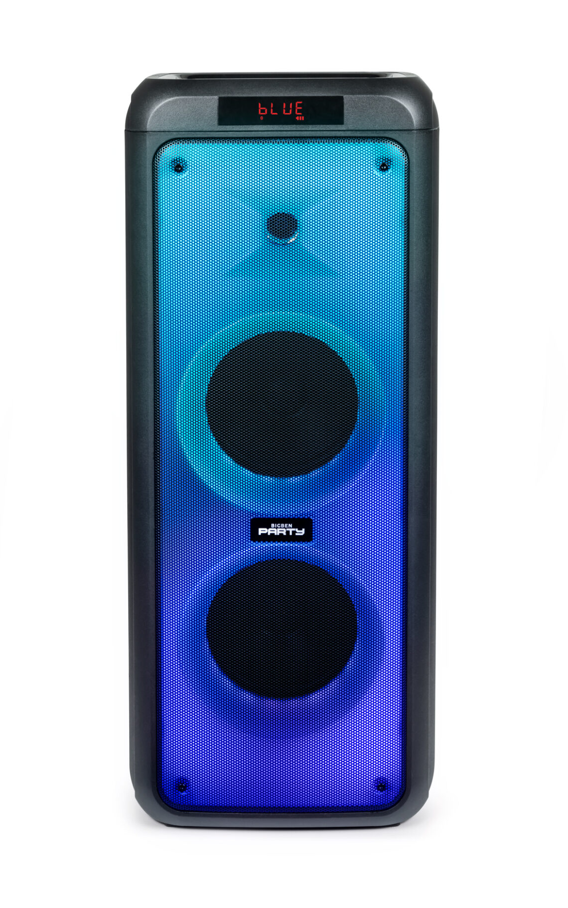 Un altavoz negro y alto con un degradado azul y morado. Tiene dos agujeros negros y una pantalla roja que dice "BLUE".