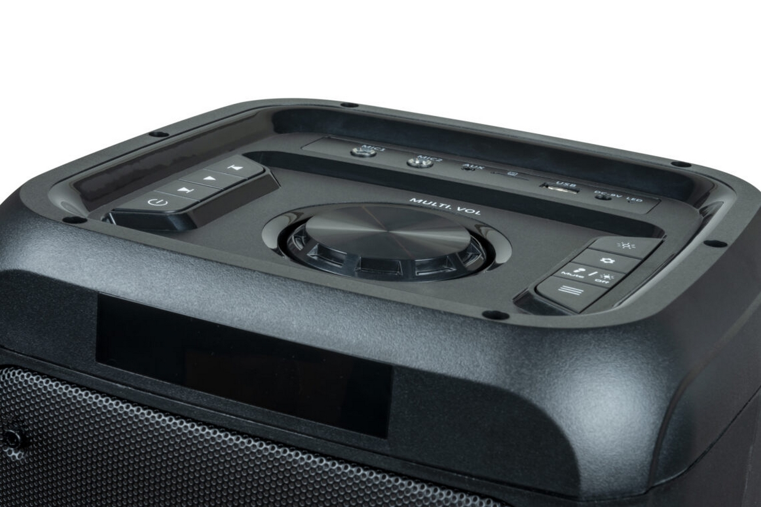 Vista de cerca de un altavoz negro con botones, control de volumen y una pantalla en la parte superior.