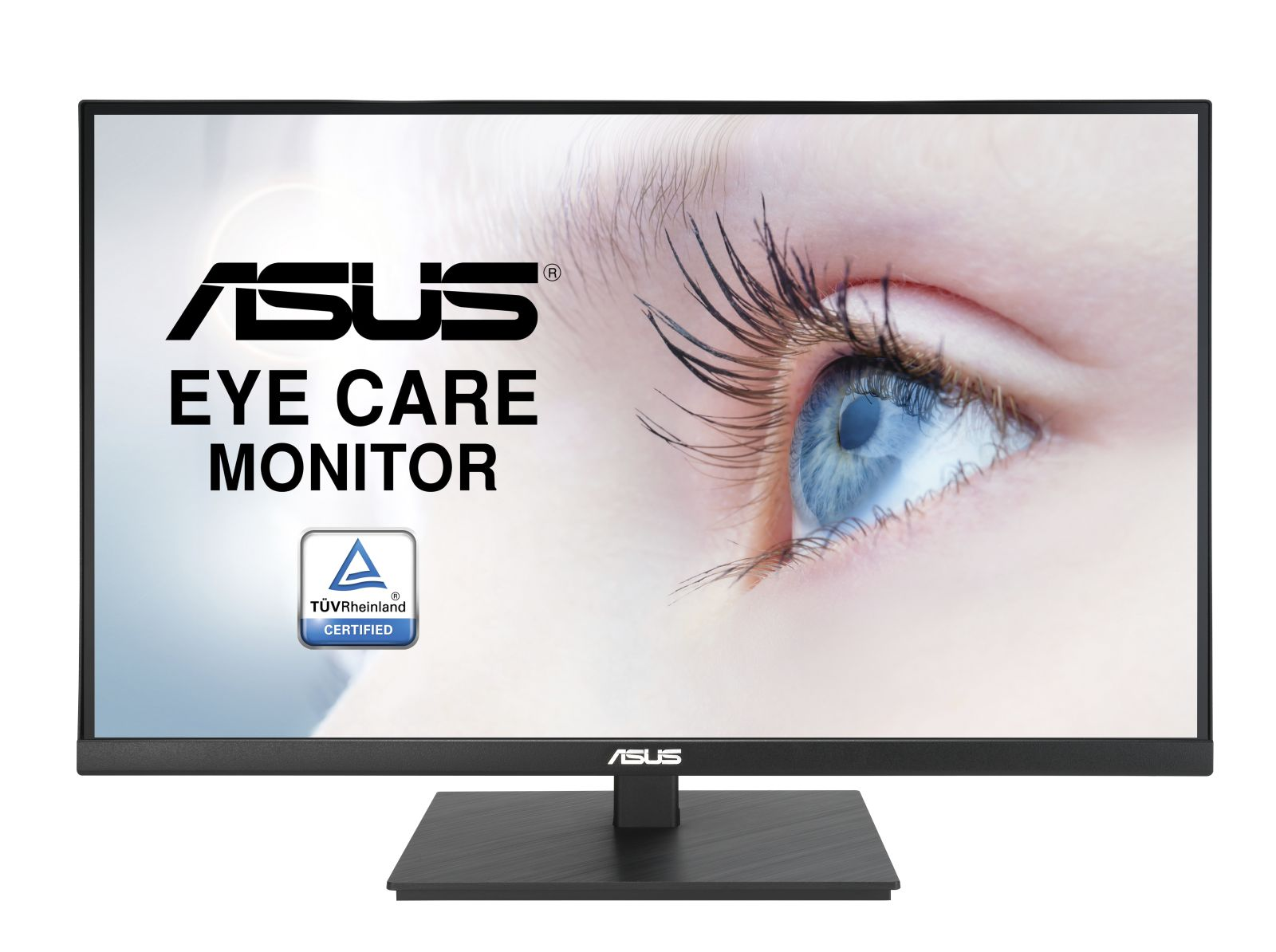 Monitor ASUS Eye Care wyświetla zbliżenie niebieskiego oka. Ekran ma logo i tekst ASUS. Monitor stoi na podstawce.