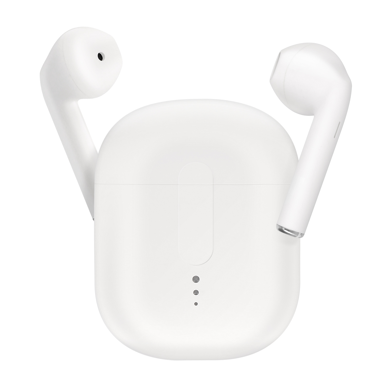 Auricolari wireless bianchi con custodia di ricarica. Due auricolari sono fuori dalla custodia. Tre punti sono visibili.