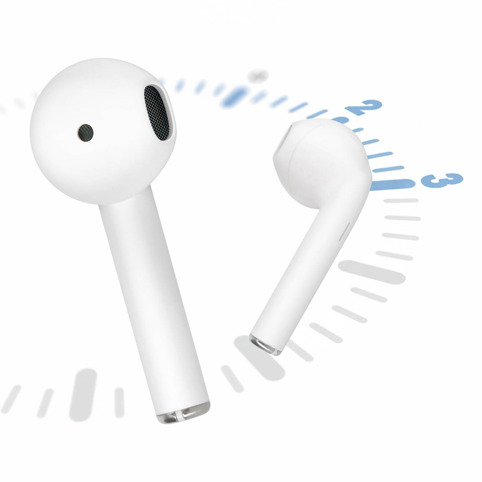 Due auricolari wireless bianchi con design orologio sullo sfondo. Uno inclinato, l'altro in posizione verticale.