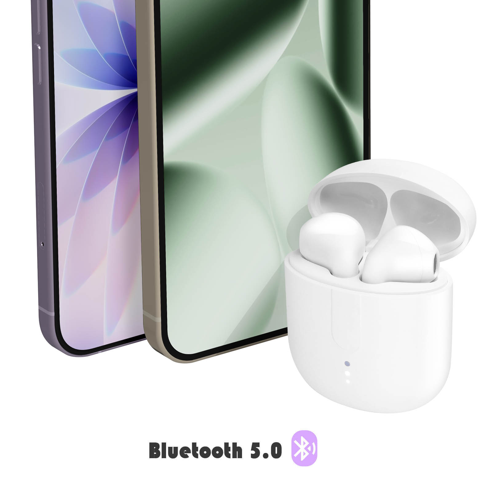 L'immagine mostra due smartphone e auricolari bianchi in una custodia. Logo Bluetooth 5.0 in basso.