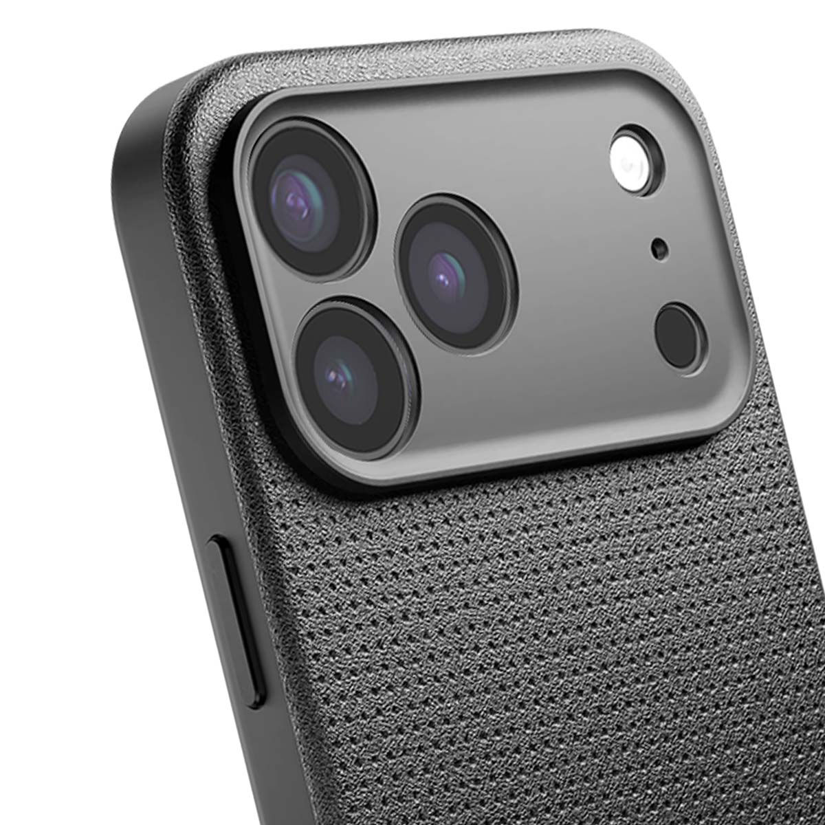 Nahaufnahme einer Smartphone-Hülle. Drei Kameralinsen, ein Blitz und ein kleiner schwarzer Kreis sind sichtbar.