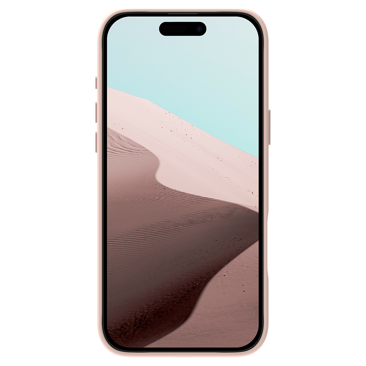 Uno smartphone con una custodia rosa mostra un paesaggio desertico con dune di sabbia sotto un cielo azzurro. Il telefono ha un bordo nero.