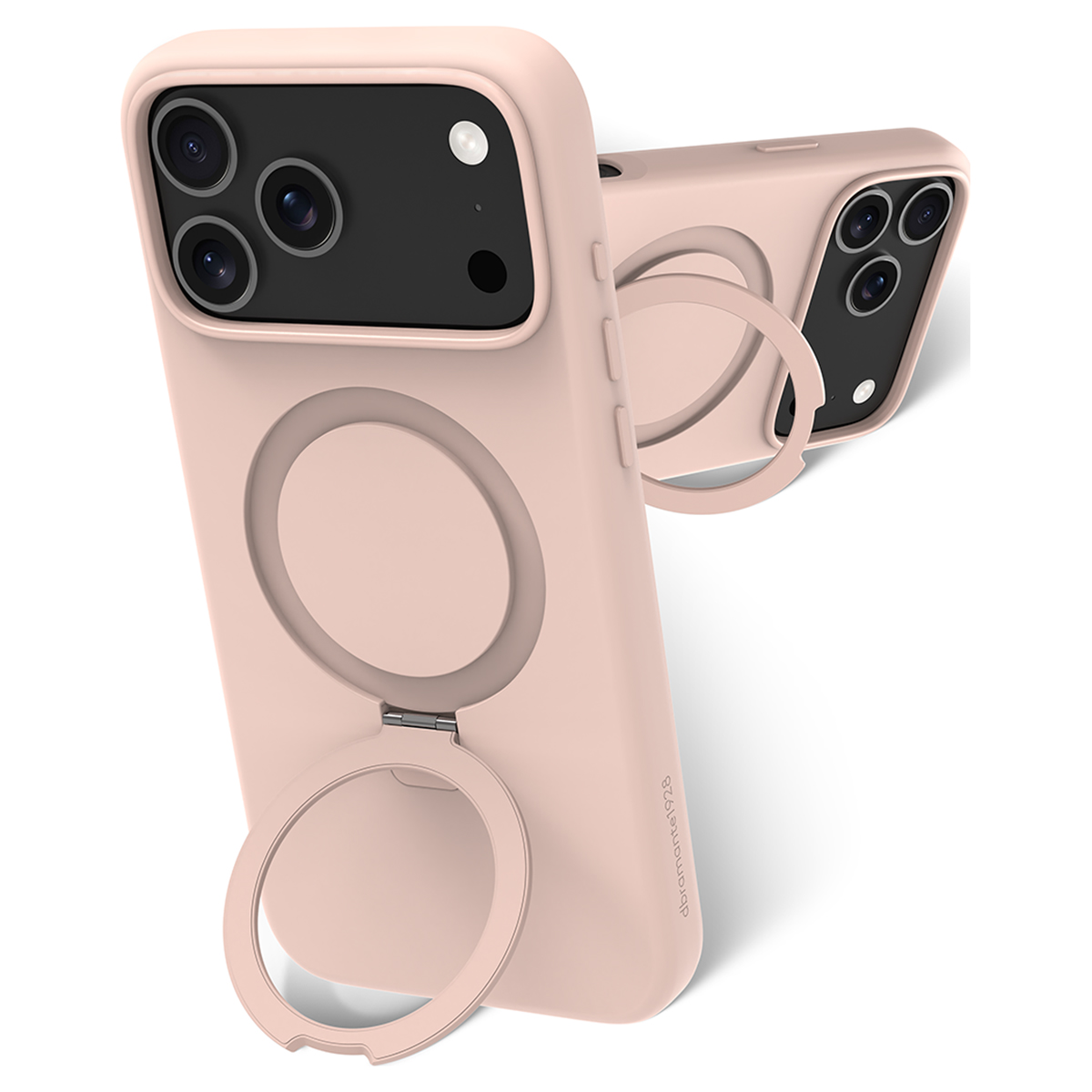 Due custodie rosa per telefono con anelli. Una è in posizione verticale, l'altra è leggermente angolata. Entrambe hanno ritagli per la fotocamera.