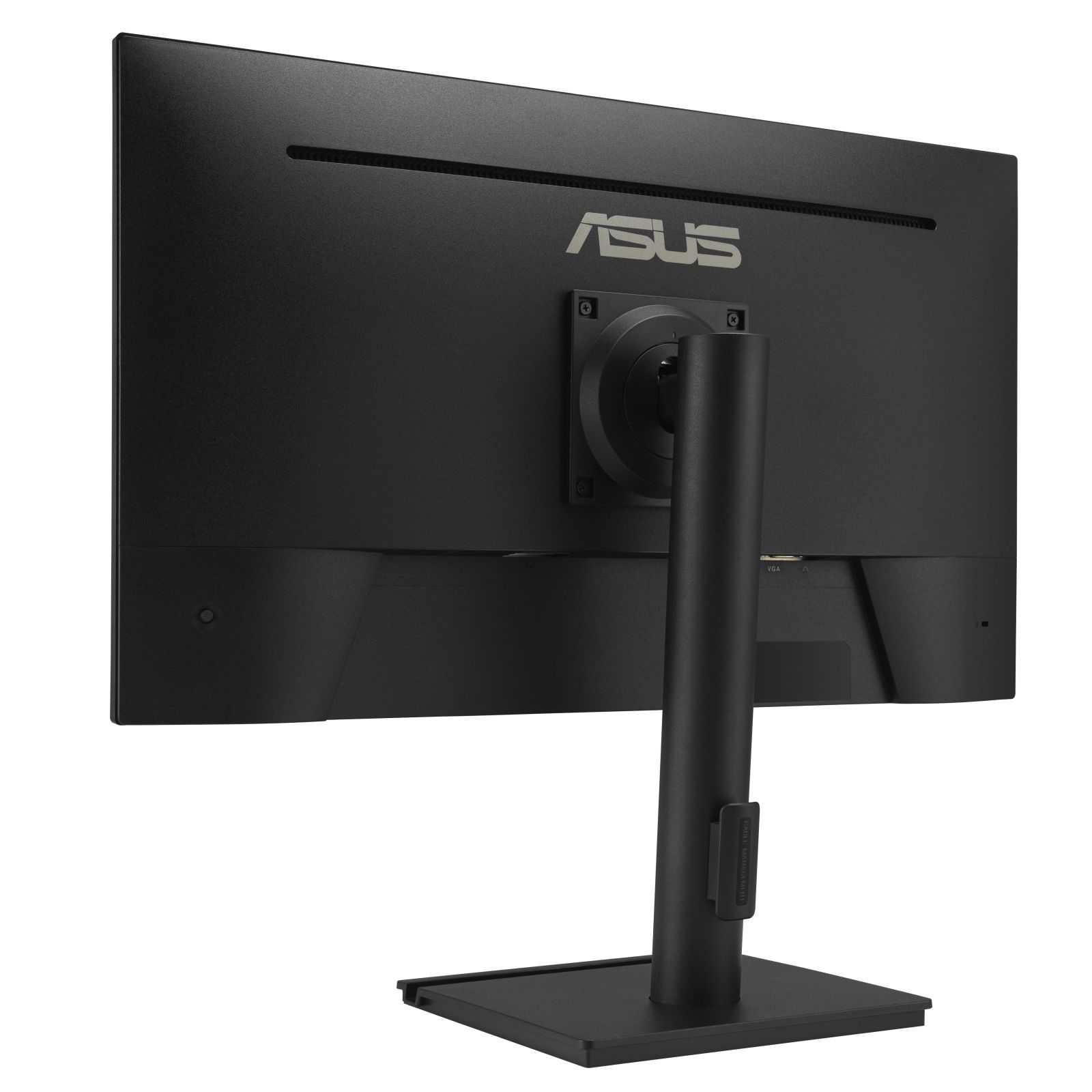 Tył czarnego monitora komputerowego z logo ASUS, podstawą i podstawą. Widoczne porty. Monitor na białym tle.