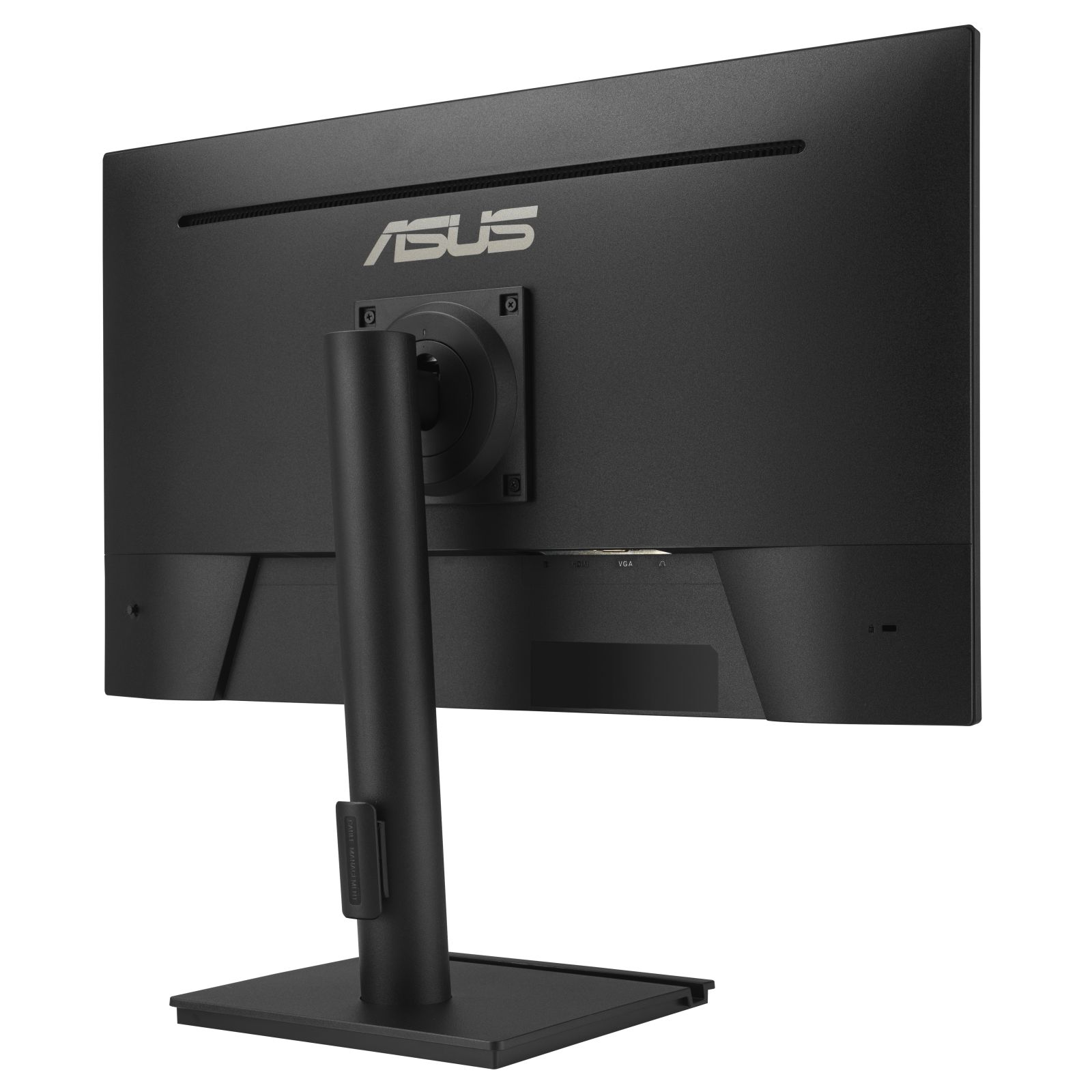 Widok z tyłu czarnego monitora ASUS. Ma podstawę, zarządzanie kablami i widoczne logo ASUS.