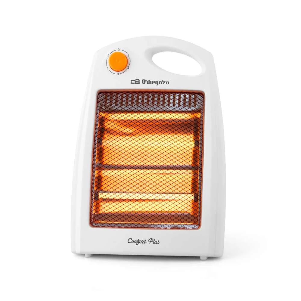 Un calefactor eléctrico blanco con rejilla de seguridad. Tiene un dial naranja y la marca O'begozo. La rejilla brilla en naranja.