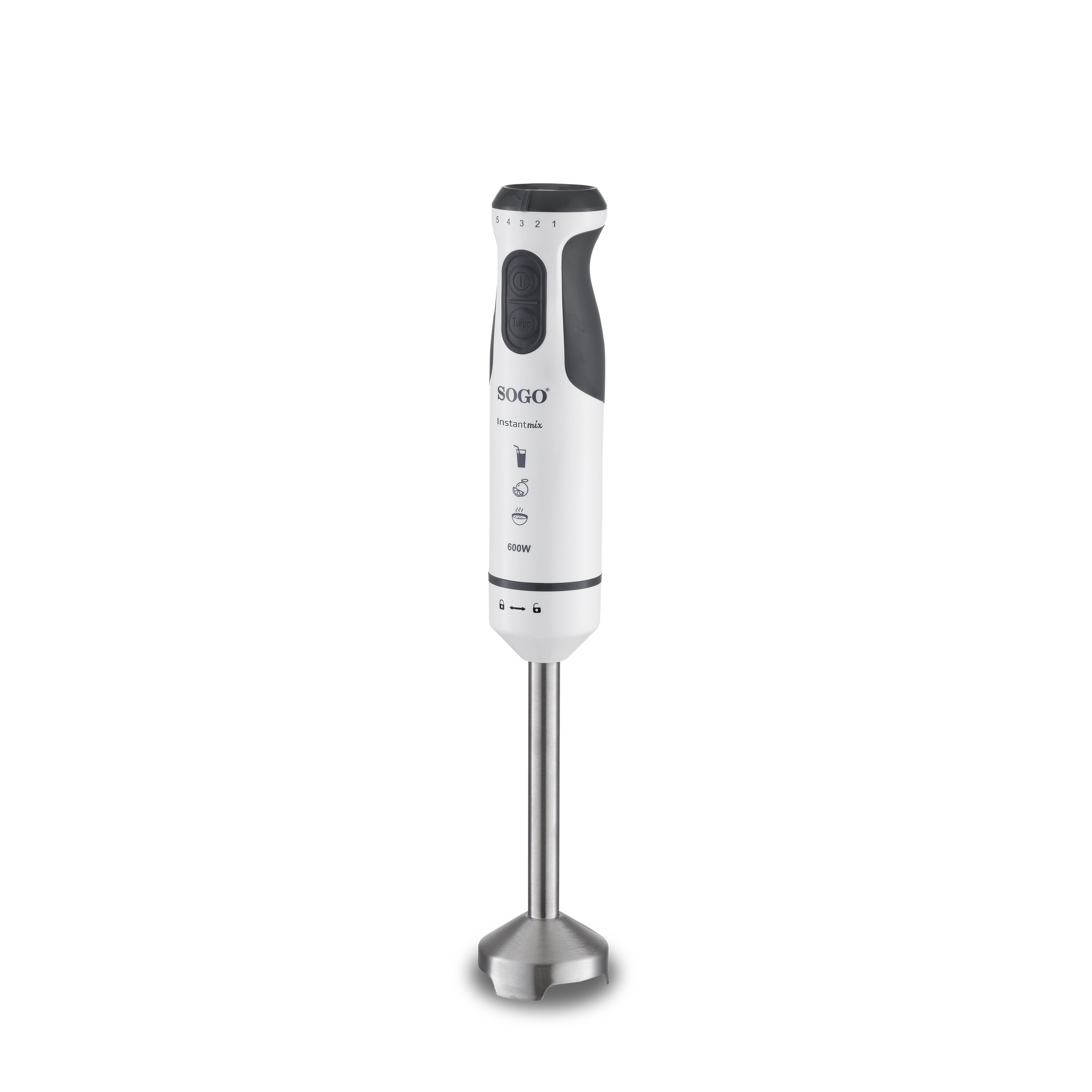Una batidora de inmersión SOGO Instantmix blanca y gris. Tiene un cabezal de mezcla de acero inoxidable y un cuerpo blanco.
