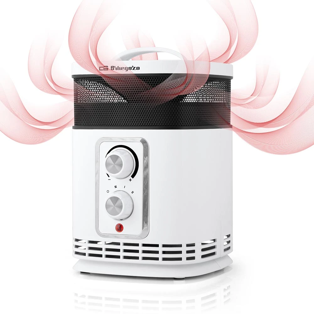 Biała grzałka elektryczna z czarną siatką, pokrętłami i czerwoną lampką kontrolną. Czerwone faliste linie wychodzą z góry.