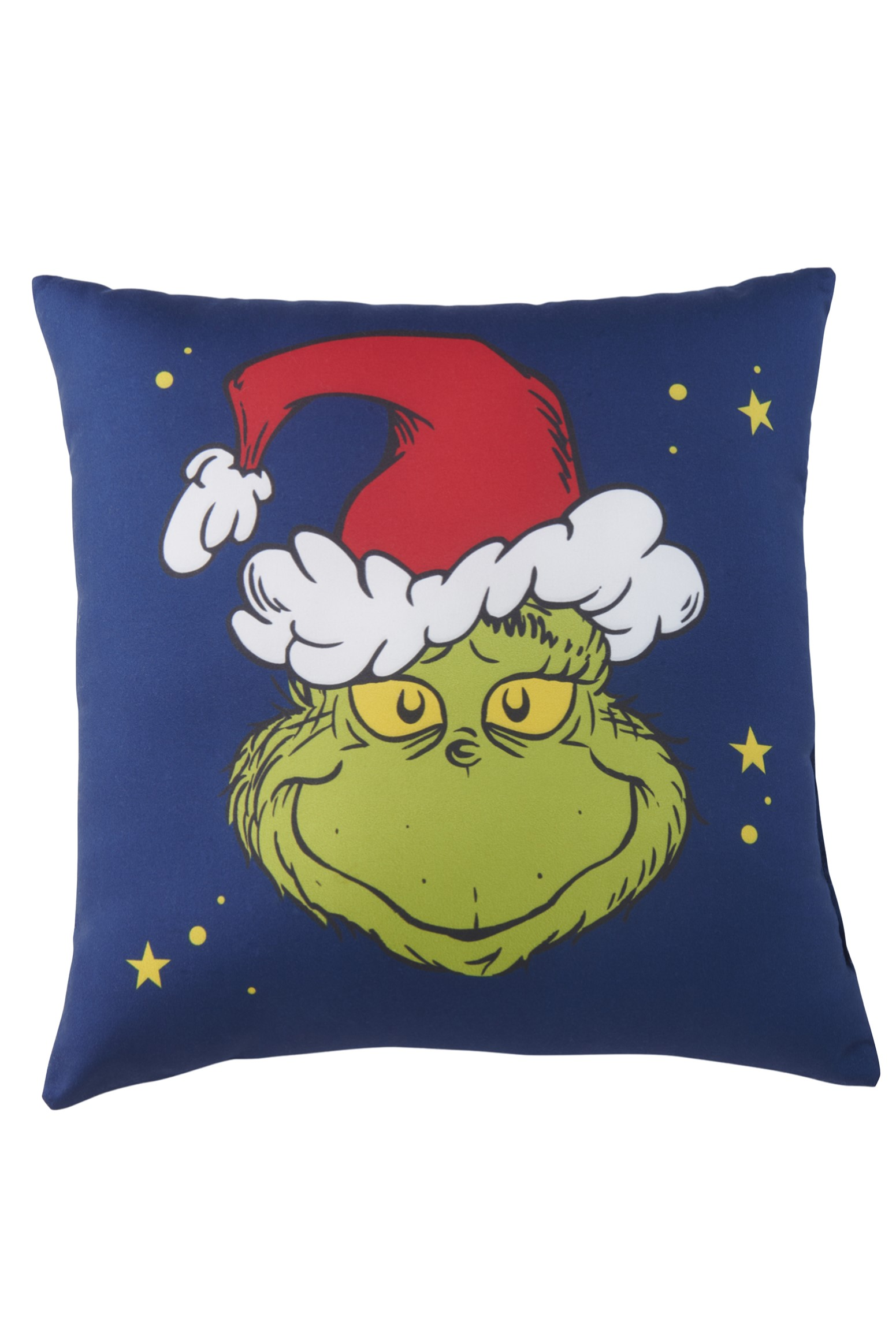 Ein Kissen mit dem Gesicht des Grinch, der einen Weihnachtsmannhut vor blauem Sternenhintergrund trägt.