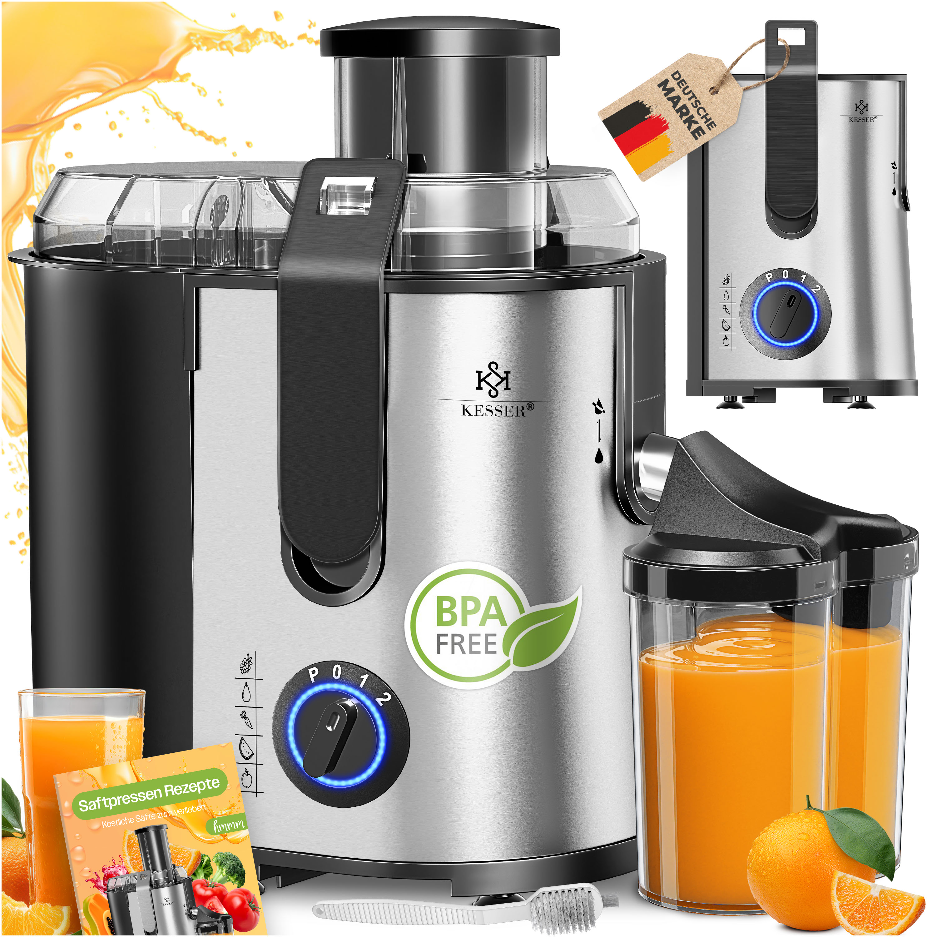 Eine Saftmaschine, Orangensaft und Orangen sind abgebildet. Die Maschine hat einen BPA-freien Aufkleber.
